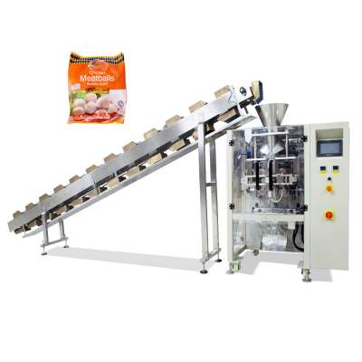 Vertical form fill seal pouch packing machine with chain bucket, chicken legs chips snack biscuit bag packaging machine